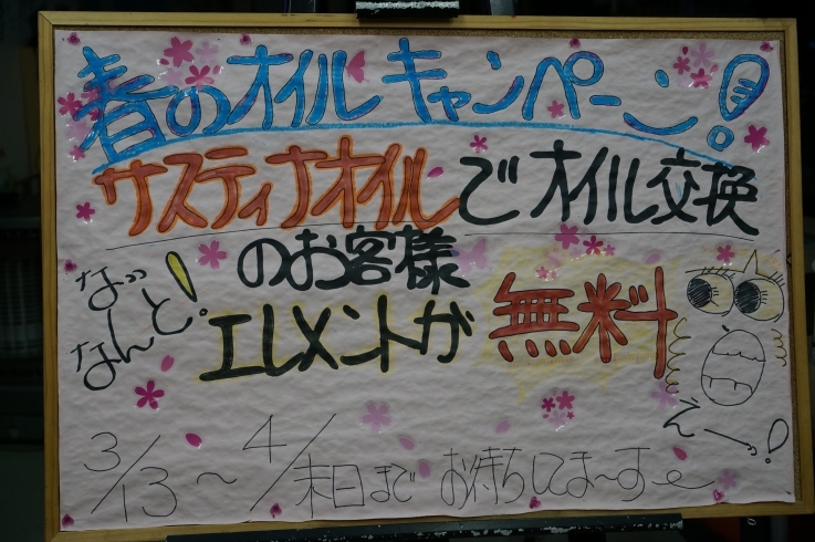 「サスティナオイルでオイル交換の方！　オイルエレメント無料キャンペーン！！」