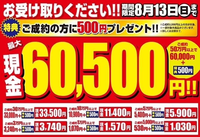 「【残り4日】お受け取りください！特典付きで現金最大60,500円プレゼント！」