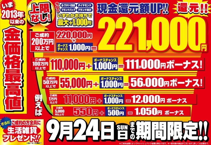 「【今週限り】現金還元額UP！！上限なしキャンペーンが9/24(日)まで開催中」