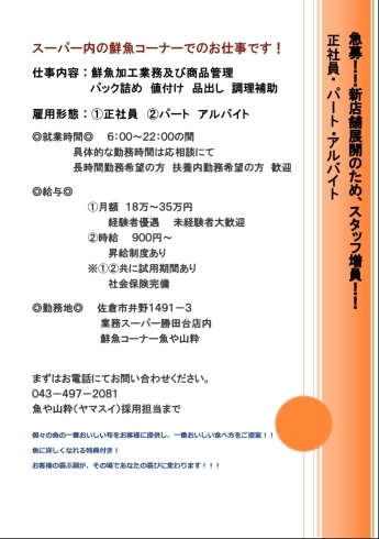 「八千代市、佐倉市の鮮魚店   　　　魚や山粋　スタッフ急募！」