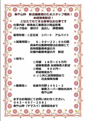 「八千代市、佐倉市の鮮魚店   　　　魚や山粋　スタッフ急募！」