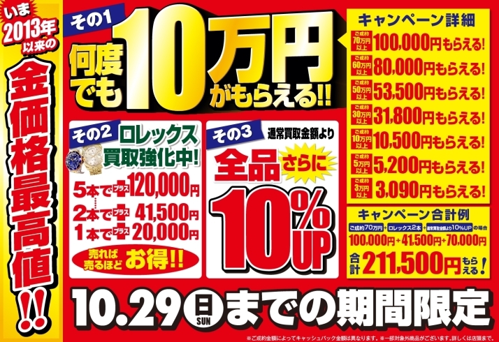 「【10/29まで】何度でも10万円が貰える&ロレックス買取強化&全品10%UPキャンペーン！【関内】」