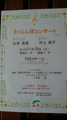 「コンサートのお知らせ  ～千葉県八千代市のマリンバ・ピアノ教室一緒に音楽楽しみませんか～」