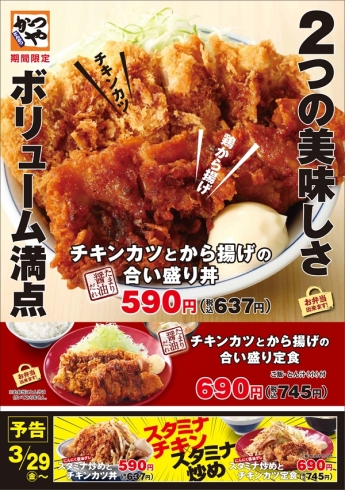 「期間限定！抜群のボリューム♪チキンカツとから揚げの合盛り丼」