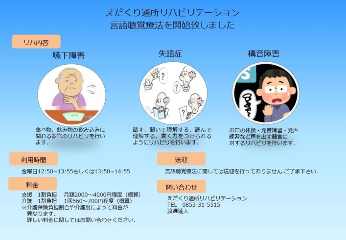 「えだくり通所リハビリテーション言語聴覚療法開始のお知らせ」