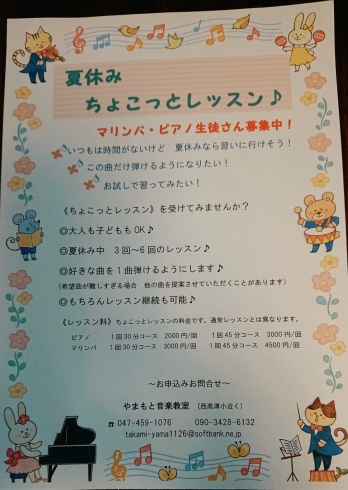 「夏休みちょこっとレッスン～千葉県八千代市のマリンバ・ピアノ教室一緒に音楽楽しみませんか～」