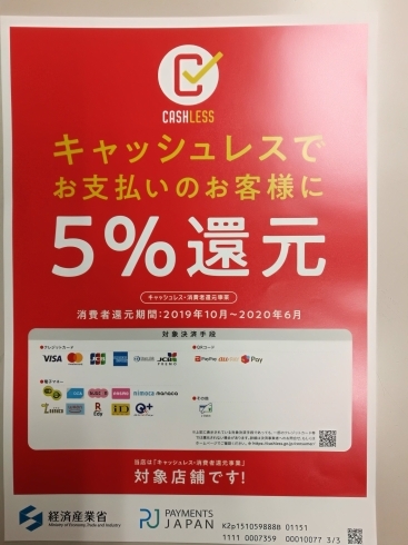 「キャッシュレスで5％還元始めました」