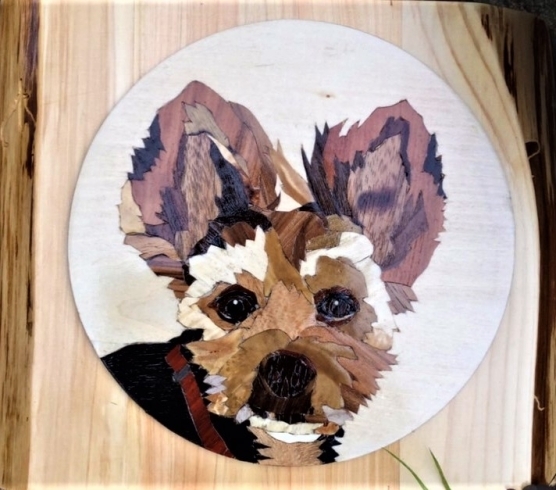 象嵌作品を自然な木の台板に乗せています。「愛犬の肖像画　マロンちゃん　出来ました」
