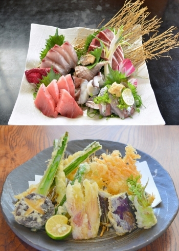 お刺身盛り合わせ/旬の天ぷら盛り合わせ　写真は2人前「大衆割烹 丸福」