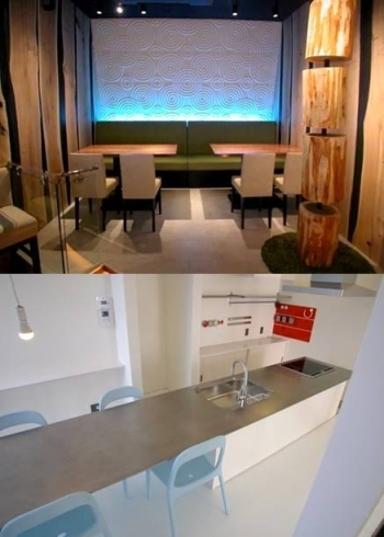 上：レストランの施工写真
下：オーダーキッチンの施工例「有限会社ムーヴ」