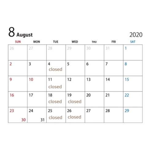 8月定休日カレンダー「8月定休日のお知らせ」