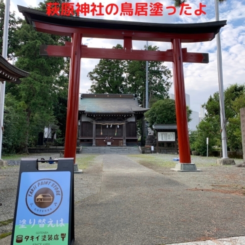 綺麗になった鳥居と当店の看板をパチリ「地元、萩原神社の鳥居と回廊や賽銭箱を塗装しました」