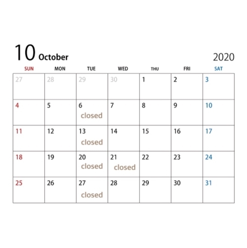 カレンダー「10月定休日のお知らせ」