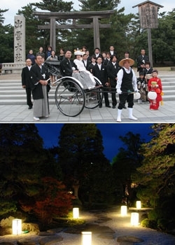上：人力車での花嫁行列
下：庭園を彩る光の演出「出雲祝言」