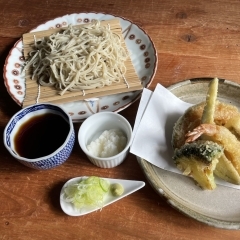 2/3天ぷら盛合せ、辛み大根付き、ざる手打ち蕎麦