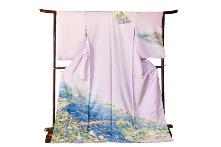 江戸解（えどとき）の着物　桜の季節の隅田川　肩には江戸城を望む