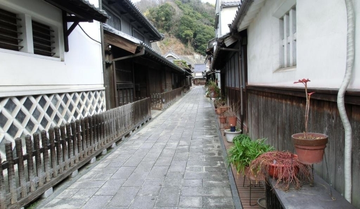 町並み保存地区の小路　棒瓦の屋根と塗りごめ壁に格子窓の付いた歴史的なお屋敷が並んでいます。