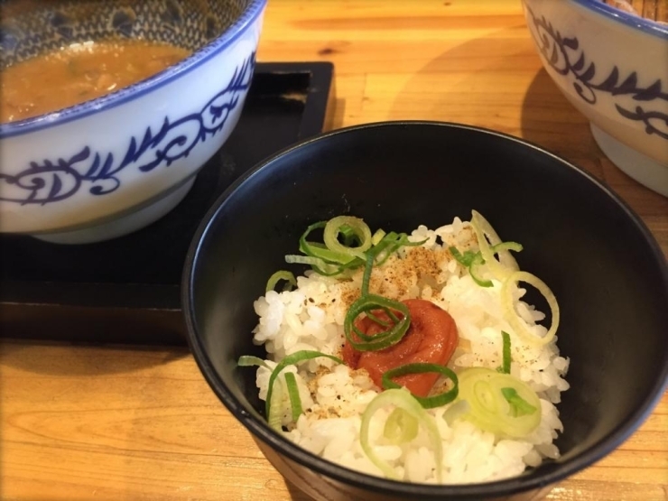 麺を食べ終わった後の、残った出汁はもったいないけど、そのまま飲むにはちょっと濃い。<br>そんな人のために「スープ割」<br>出汁を割るためのスープがちゃんと置いてあるじゃないですか。<br>さらに説明を読むと「めし割」というのがあったので、これを頼みました。<br>ご飯にネギと梅干がのっていて、これを出汁に入れて食べます。<br>梅干の酸味がちょうどいいです。