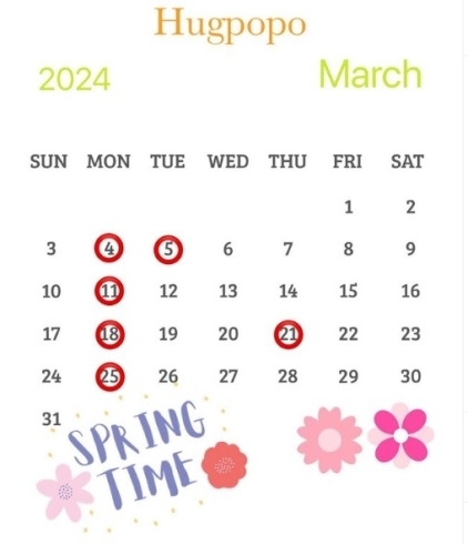 「3月の営業カレンダー【福井韓国風カフェ Hugpopo ハグポポ】」