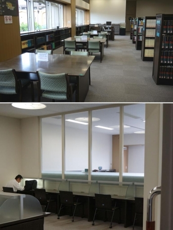 重厚なテーブルと大きな椅子が並ぶ閲覧室。<br>図書館の「かしだしけん」を提示して席を利用します。