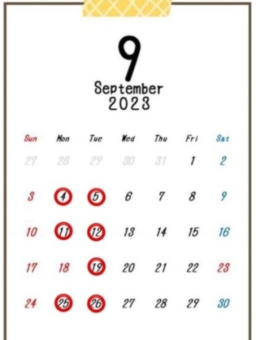「9月の営業日カレンダー【福井韓国カフェ Hugpopo ハグポポ】」
