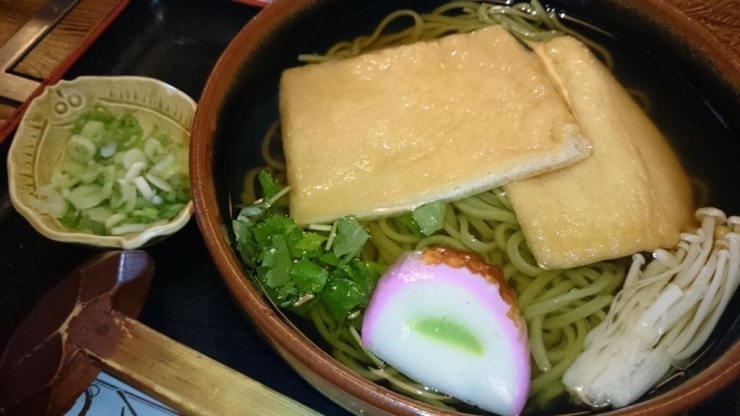 夏の特別メニュー　ひやしきつねうどん630円　麺はプラス150円で特製笹切りうどんにグレードアップしてもらいました！きれいな緑色な細麺は、もっちりしっかりコシがあります。