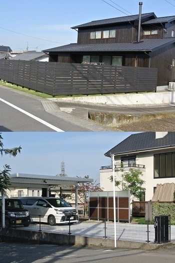 上：人工木材を使った板塀
下：車庫の建て替えとアルミフェンス
「有限会社大西住設」