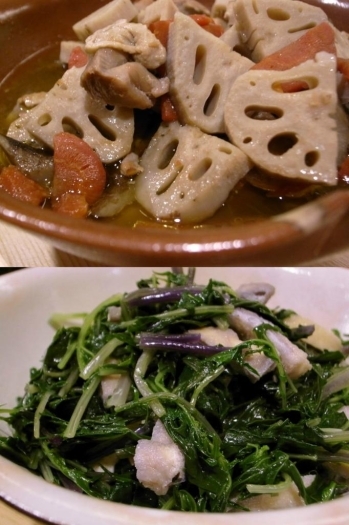 上：鶏肉と根野菜のたいたん<br>下：紫水菜のおひたし