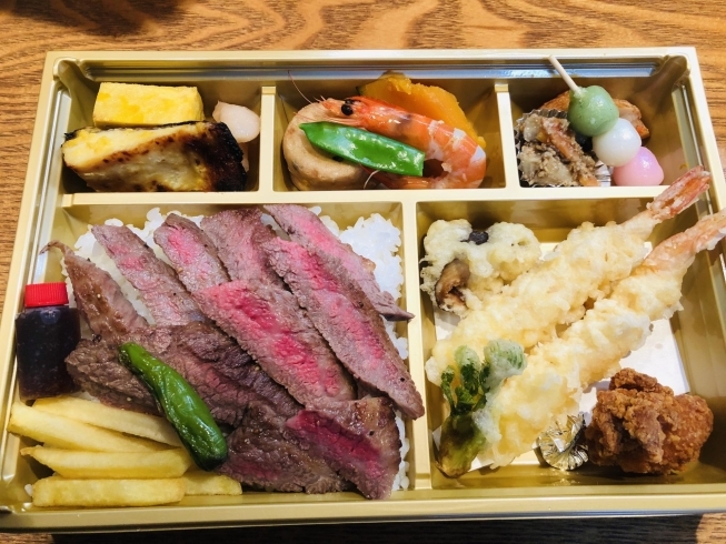 自慢の黒毛和牛ステーキ弁当。一番人気☆「《期間限定 》お弁当のテイクアウト・配達も承ってます。」