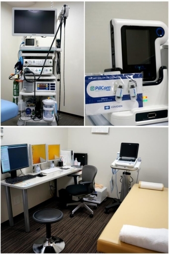 左上：最新の内視鏡機器！右上：カプセル内視鏡機器！<br>下：診察室です！
