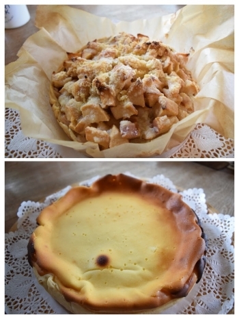 上：生のリンゴを使用したアップルパイ
下：自家製チーズケーキ「有限会社 半田ファーム」