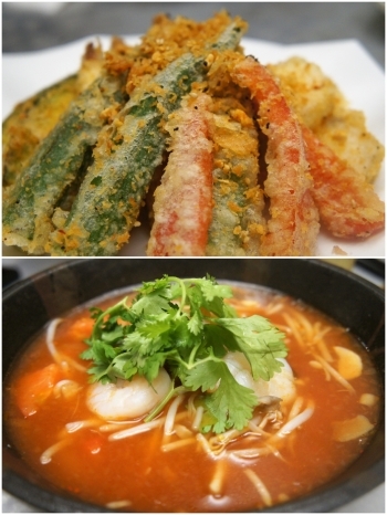 上：季節の野菜天ぷら
下：トマトフォー「アジアンヒート」