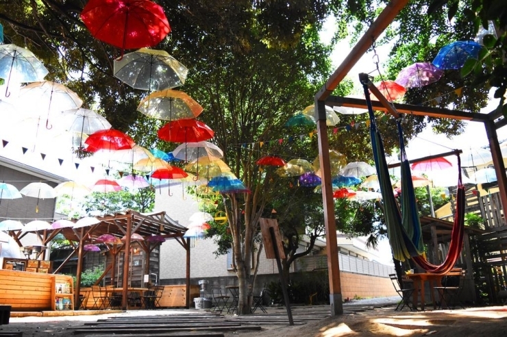 階段を登ると、木々に囲まれた広場が姿を現します。<br>※傘の展示は7月10日まで限定のテーマです。