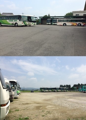 多種多様のバスを広大なスペースで管理しています。「康栄観光バス株式会社」