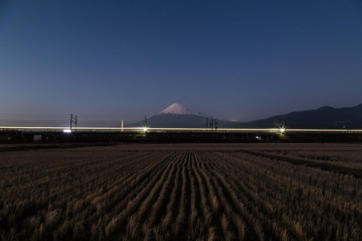 静かなる富士山の静と、新幹線の窓明かりの動のコラボ<br>【morihan さんからの投稿】