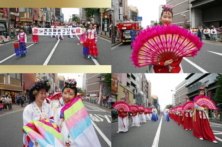 次は　韓国学校のパレード　鮮やかな民族衣装<br>爽やかな笑顔