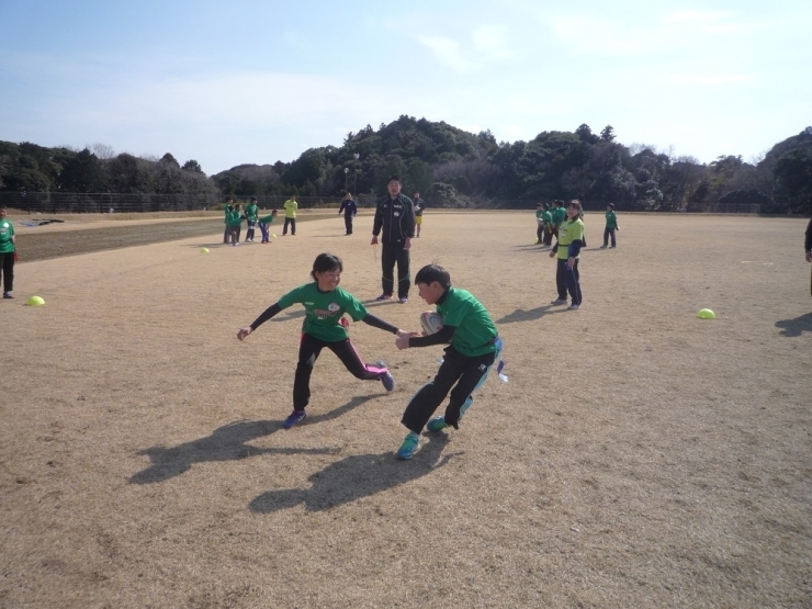 ラグビーは、初めての体験かな？　追いかけっこから始めると楽しいね（*^^）v