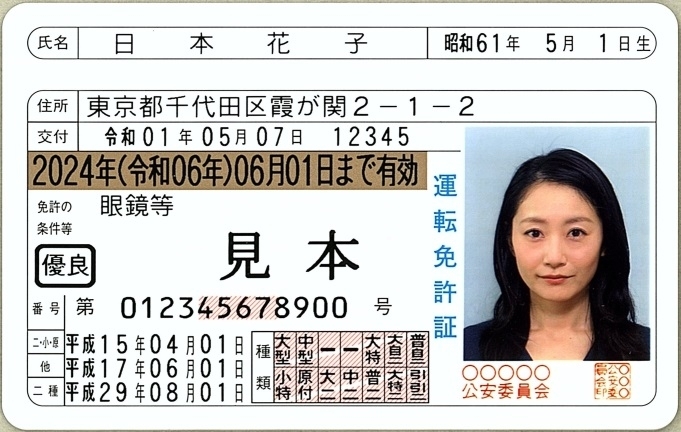 日本花子さんの運転免許証「運転免許証の有効期限にご注意ください　　【平和橋自動車教習所】」