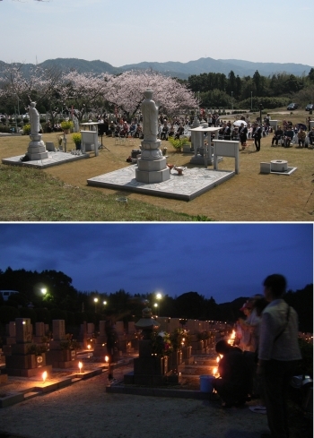 上：桜の中で行われる春の縁日
下：故人を偲び、幻想的な迎え火「永寿園霊所」
