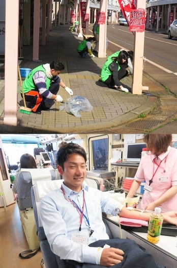 上：商店街清掃活動　下：献血活動「新発田信用金庫」