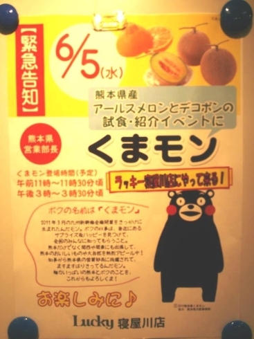 「くまモン　が来店！！　『ラッキー　寝屋川店』　京阪寝屋川市駅前」