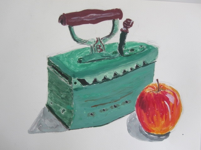 「児童科6年生の水彩画「古いアイロンとリンゴ」」