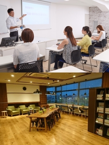 上：大型スクリーン完備の教室
下：ライブラリーラウンジ（3階）「株式会社京成ドライビングスクール」
