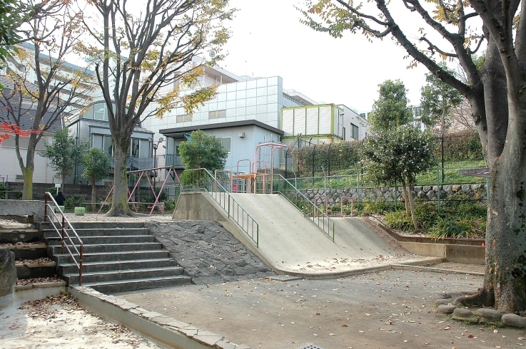 「戸山東公園」くの字型の小川の流れる公園