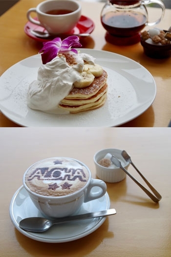 上：パンケーキ
下：ホットカプチーノ「HOKULANI cafe（ホクラニカフェ）」