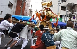 おとな神輿は威勢のよいかけ声が響きます。<br>「わっしょい！　わっしょい！」と迫力満点