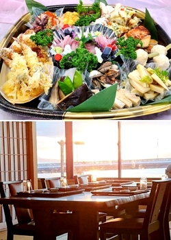 上：オードブル（3～4人前）
下：客室から眺める宍道湖の夕日「寺津屋 仕出し・会席料理」