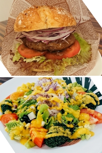 上：いのししバーガー　下：地元産の新鮮野菜の「野菜サラダ」「Jazz & Dining きまぐれうさぎ」
