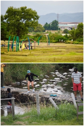 上　遊具が備えられている子供広場
下　浅瀬の川での川遊び体験「会津美里町 せせらぎ公園オートキャンプ場」