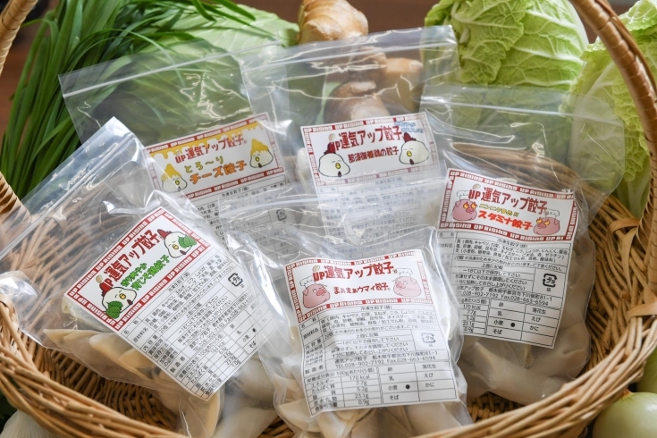 ５種類とも国産野菜のみ保存料無し。「５種類味比べ（餃子１００個で２７００円）」